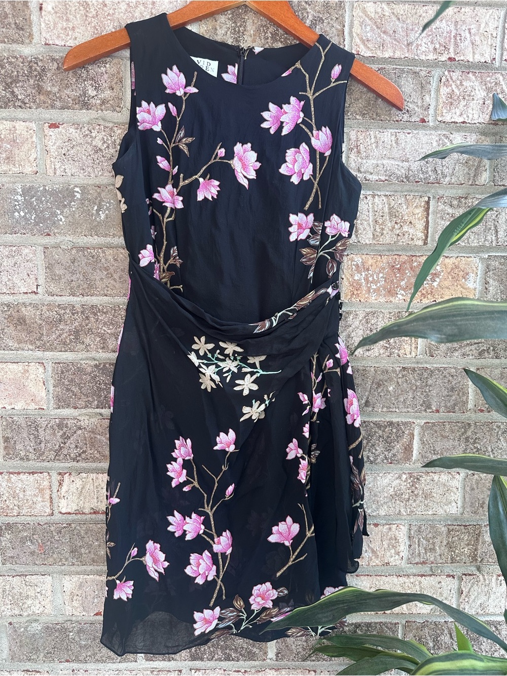 Vintage Petite Sleeveless Blk Floral faux Wrap Dress Cherry Blossoms 4p